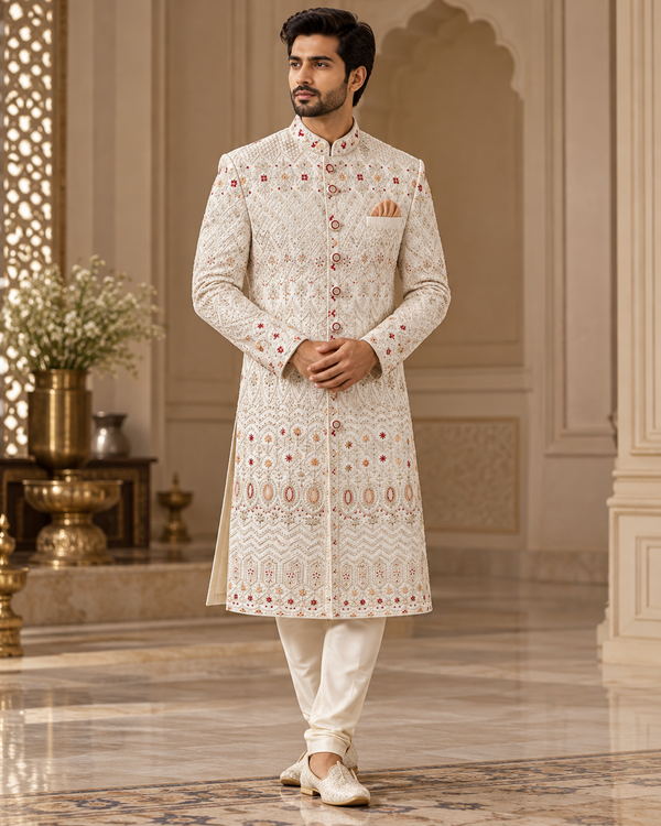 Men’s Ivory, Red & Gold Patterned Sherwani with Pajama - Mens Collection - Outfit Inspiration & Bridal Styling | Zubis Collection Frisco Showroom