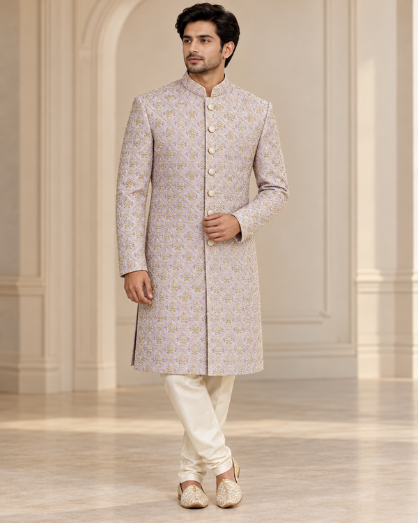 Men’s Lavender & Gold Patterned Sherwani with Pajama - Sherwani Pajama Set - Outfit Inspiration & Bridal Styling | Zubis Collection Frisco Showroom