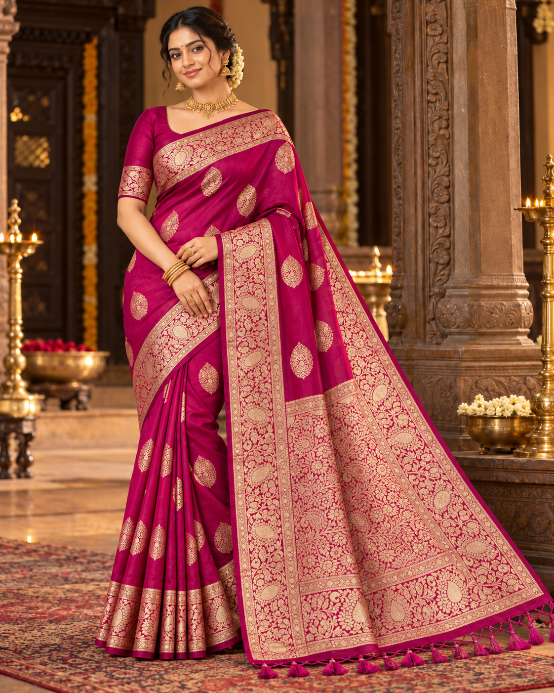 Magenta pink saree with gold floral motifs and ornate pallu, unstitched blouse included
