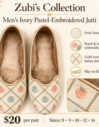 Men's ivory jutti characteristics sheet with sizes and $20 price