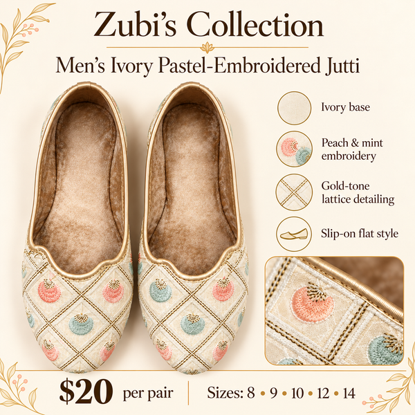 Men's Ivory Pastel-Embroidered Jutti Shoes - Men's Jutti Shoes - Outfit Inspiration & Bridal Styling | Zubis Collection Frisco Showroom