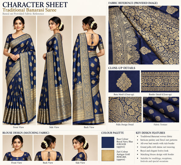 Navy Blue & Gold Banarasi Saree with Unstitched Blouse - sarees - Outfit Inspiration & Bridal Styling | Zubis Collection Frisco Showroom