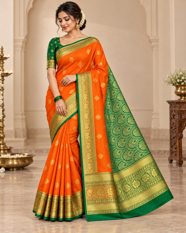 Women's Orange & Emerald Green Gold Border Festive Saree – Unstitched Blouse - Saree - Outfit Inspiration & Bridal Styling | Zubis Collection Frisco Showroom