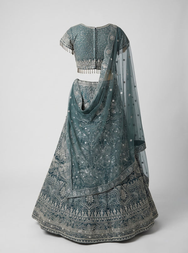 Mehtab Handcrafted Peacock Teal Zari Embroidered Lehenga Ensemble - Bridal Collection - Outfit Inspiration & Bridal Styling | Zubis Collection Frisco Showroom