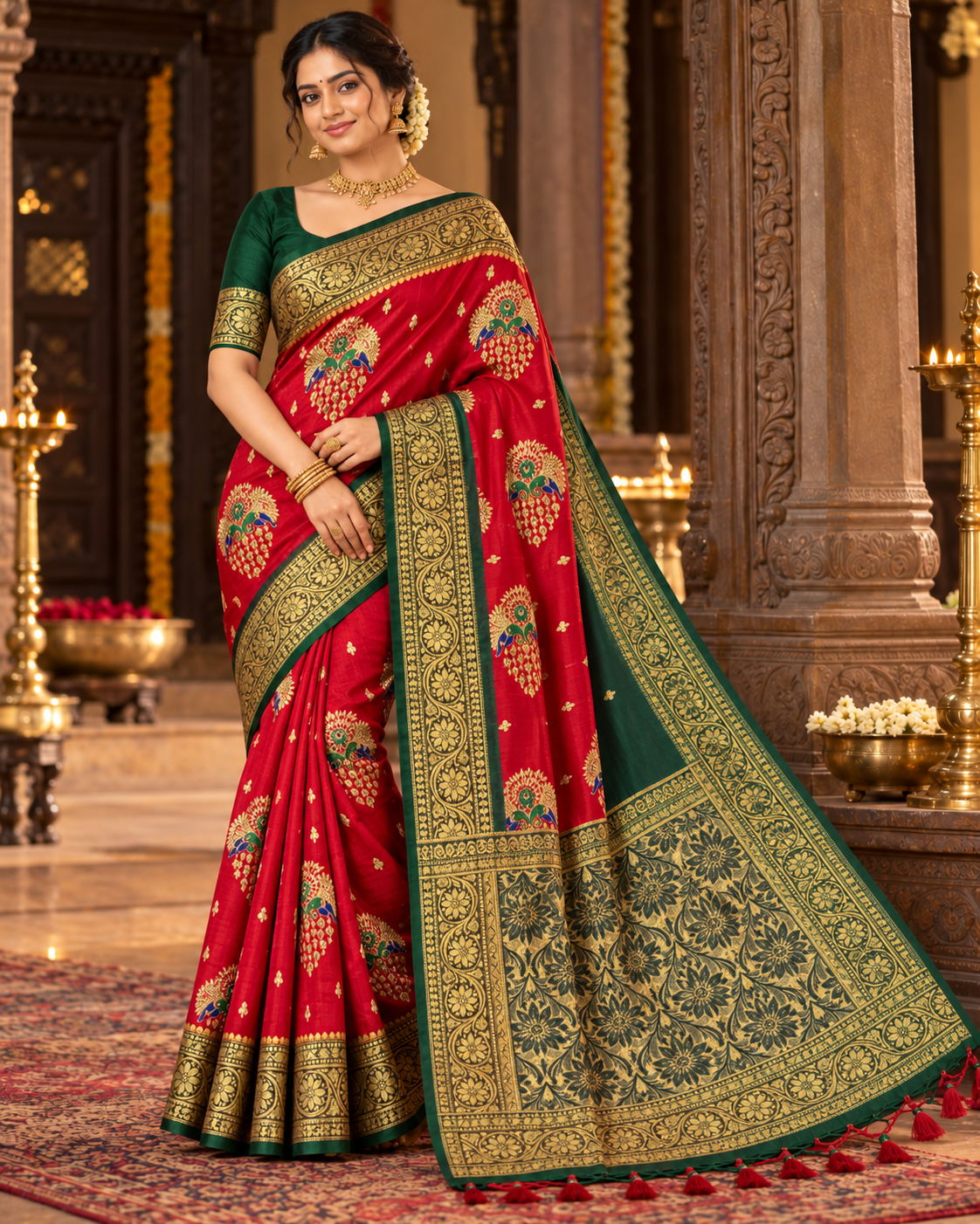 Red saree with emerald green and gold peacock design, ornate border and pallu
