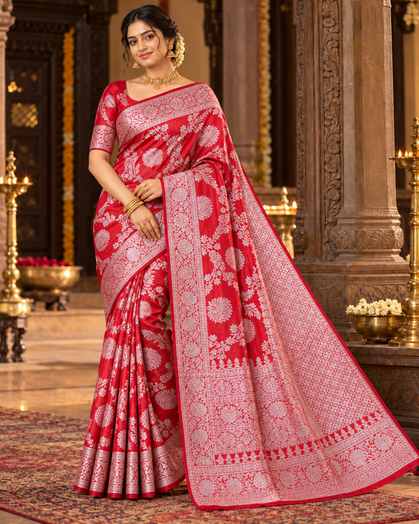 Women's Red & Silver-Tone Floral Border Festive Saree – Unstitched Blouse - Saree - Outfit Inspiration & Bridal Styling | Zubis Collection Frisco Showroom