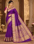 Royal purple saree with ornate gold floral border and pallu, includes unstitched blouse piece