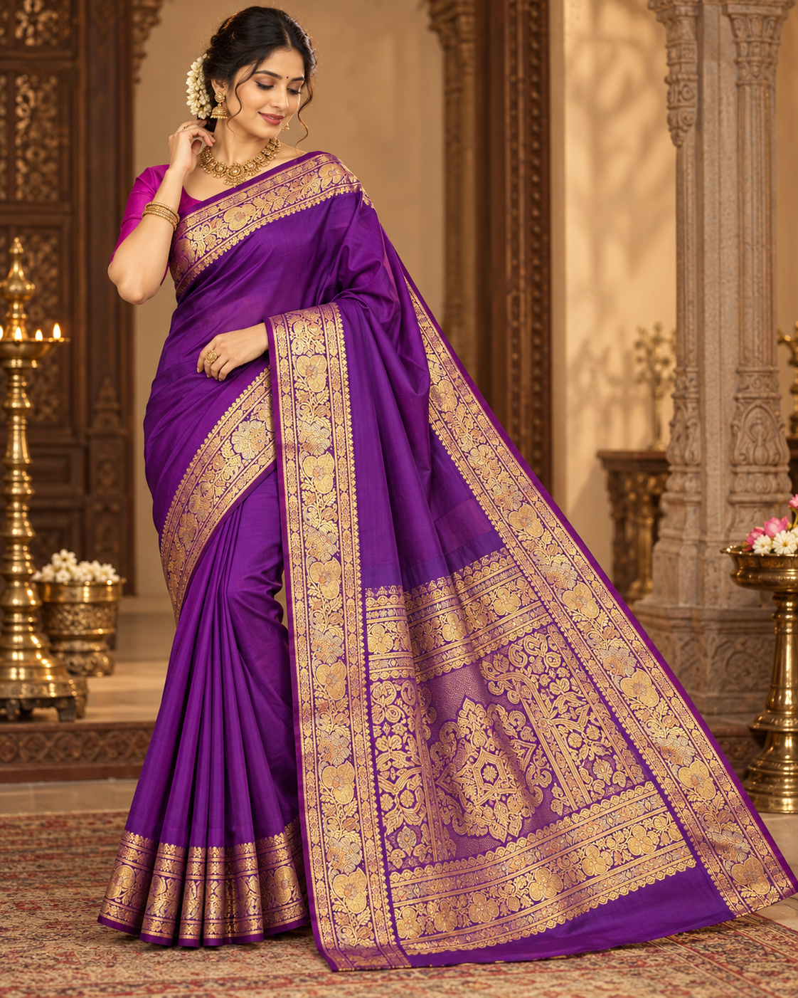 Royal purple saree with ornate gold floral border and pallu, includes unstitched blouse piece
