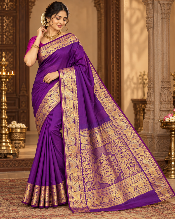 Women's Royal Purple & Gold Ornate Border Festive Saree – Unstitched Blouse - Saree - Outfit Inspiration & Bridal Styling | Zubis Collection Frisco Showroom