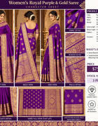 Illustrated product character sheet of purple and gold saree and unstitched blouse