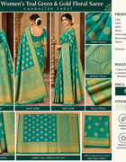 AI illustrated teal green gold saree character sheet with front back side and unstitched blouse piece